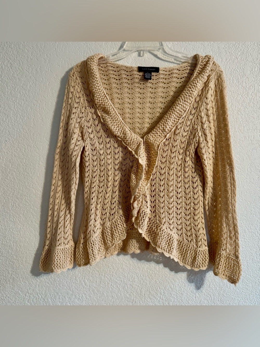 Y2K Cable & Gauge Cottagecore Boho Beige Open-Knit Scallop-Edge Cardigan L